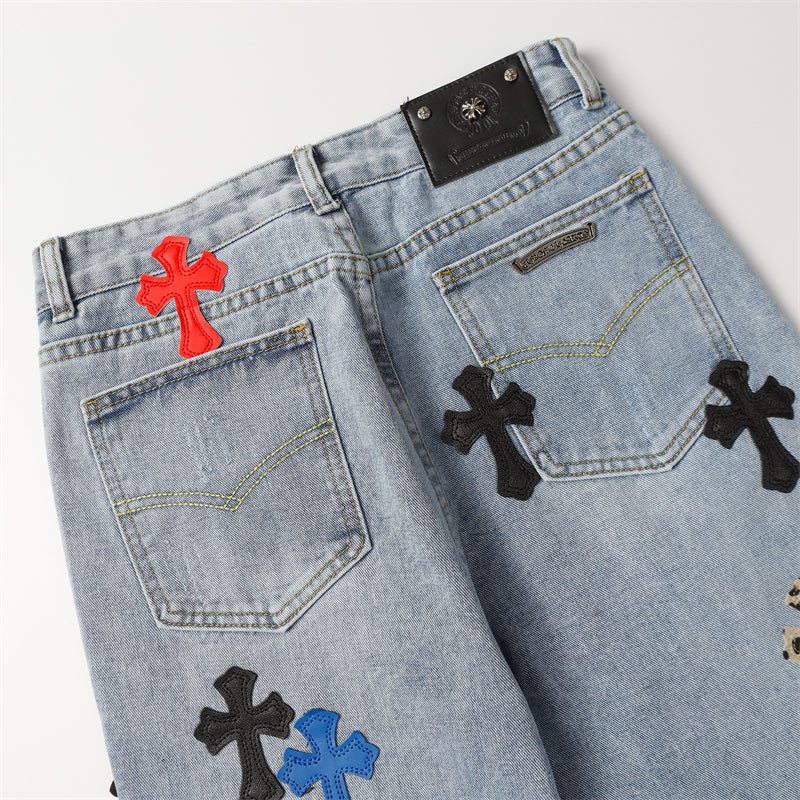 Chrome Hearts Distressed Denim Jeans | Stretch Tapered Fit